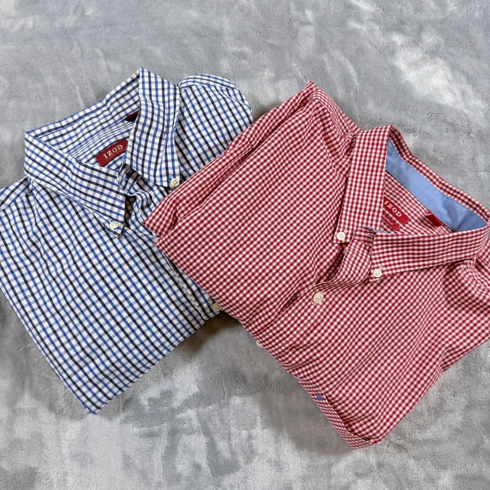 Lot of 2 IZOD Mens Non Iron Stretch Gingham Button Down Shirt Red‎ White XL